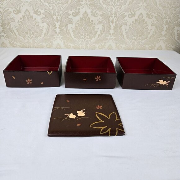 Japanese Jubako Stacked Box Brown w/Red Lacquer Interior Bunnies and Flowers - Picture 6 of 15